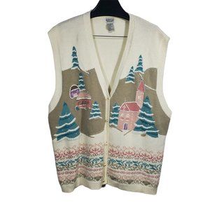 VTG 90s Napa Valley Knit Cardigan Sweater Vest 3X Fair-Isle Winter Cottage Scene